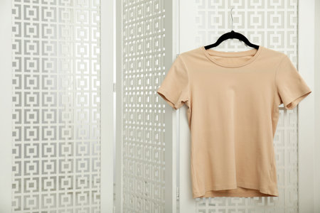 Beige t-shirt hanging on white folding screen, space for textの写真素材