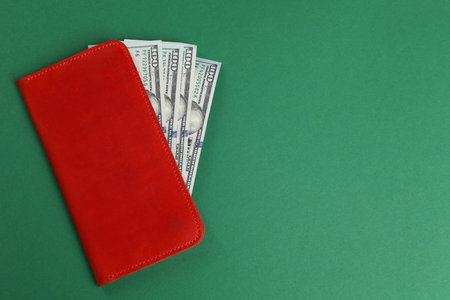 Money exchange. Wallet with dollar banknotes on green background, top view. Space for textの写真素材