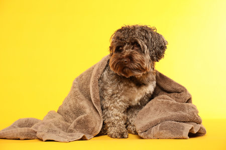 Cute dog with towel on yellow backgroundの写真素材