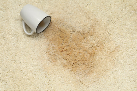 Overturned cup and spilled drink on beige carpet, top viewの写真素材