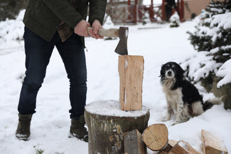 Man chopping wood with ax next to cute dog outdoors on winter day, closeupの写真素材