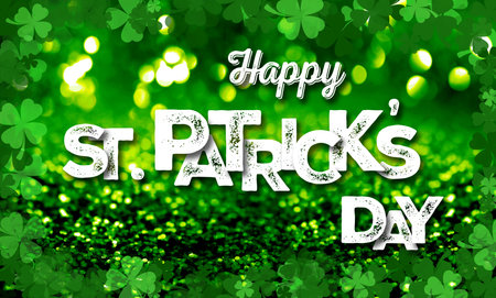 Happy St. Patrick's day card. Text and clover leaf illustrations on green background with bokeh effectの写真素材
