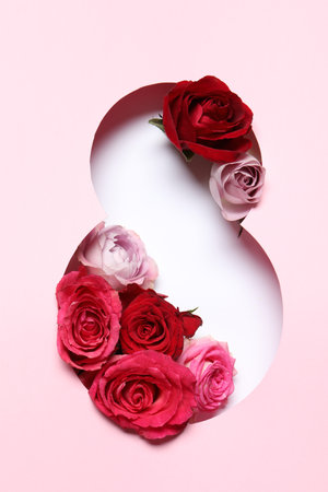 8 March greeting card design with roses, top view. Happy International Women's Dayの写真素材