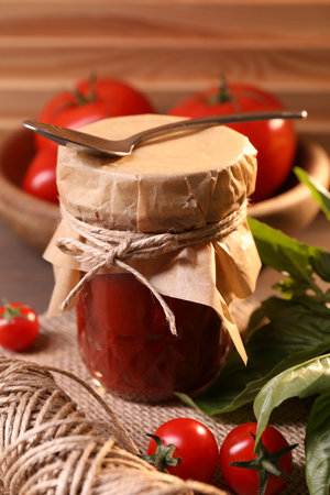 Jar of tasty tomato paste with spoon, ingredients and thread on tableの写真素材