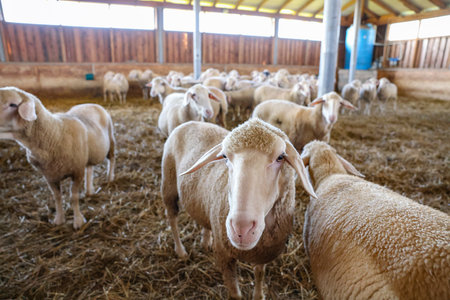 Many sheep in barn on farm. Cute animalsの写真素材