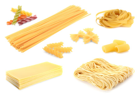 Different types of pasta isolated on white, setの写真素材