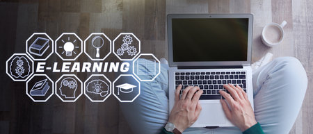 E-learning, banner design. Man working with laptop on floor indoors, top view. Illustrations of...