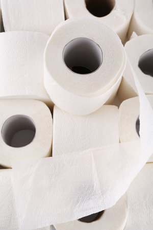 Many soft toilet paper rolls as background, above viewの写真素材