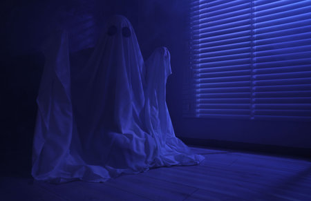 Creepy ghost. Woman covered with sheet near window in blue light, space for textの写真素材