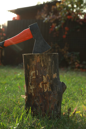 Metal ax in wooden log on backyardの写真素材