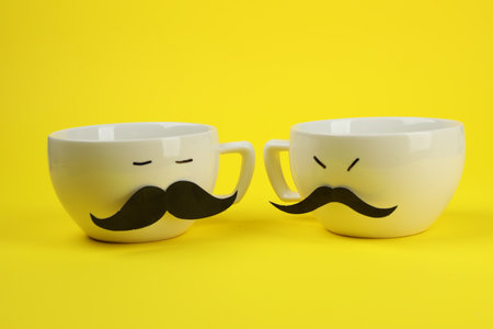 Men's faces made of cups, fake mustaches on yellow backgroundの写真素材