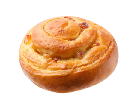 One delicious roll with raisins isolated on white. Sweet bunの写真素材