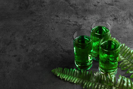 Absinthe in shot glasses and fern leaves on gray table, space for text. Alcoholic drinkの写真素材