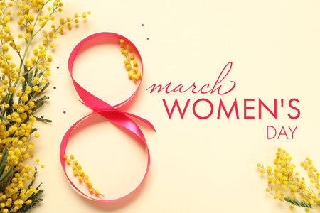 8 March - Happy International Women's Day. Greeting card design with mimosa flowers and ribbon on...