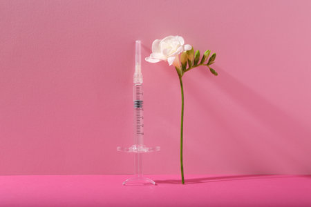 Cosmetology. Medical syringe and freesia flower on pink backgroundの写真素材