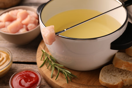 Fondue pot with oil, fork, raw meat pieces and other products on wooden table, closeupの写真素材