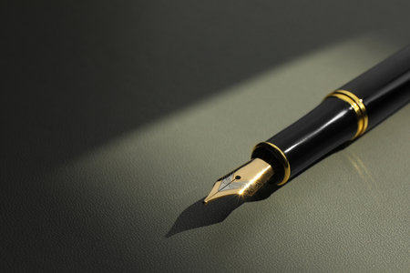 Stylish fountain pen on light gray textured table, closeup. Space for textの写真素材