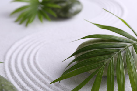 Zen concept. Stones, leaves and pattern on white sand, closeup. Space for textの写真素材