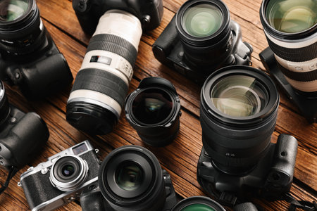 Modern cameras on wooden table, closeup. Professional photography equipmentの写真素材