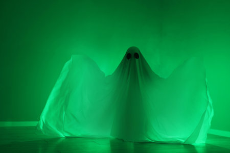 Creepy ghost. Woman covered with sheet in green lightの写真素材