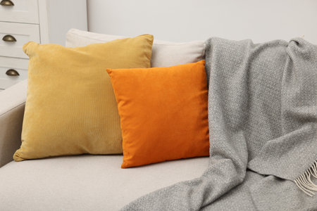 Soft pillows and blanket on sofa indoorsの写真素材