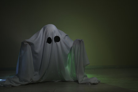 Creepy ghost. Woman covered with sheet on dark background, space for textの写真素材