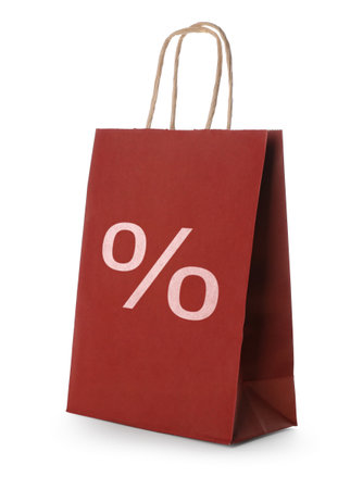 Red paper bag with percent sign isolated on whiteの写真素材