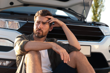 Upset man sitting near broken car outdoorsの写真素材