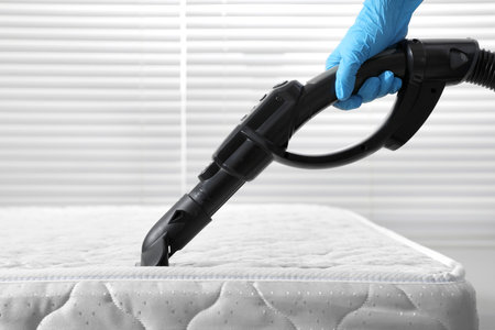 Person disinfecting mattress with vacuum cleaner indoors, closeupの写真素材