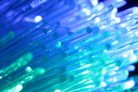 Optical fiber strands transmitting different color lights, macro viewの写真素材