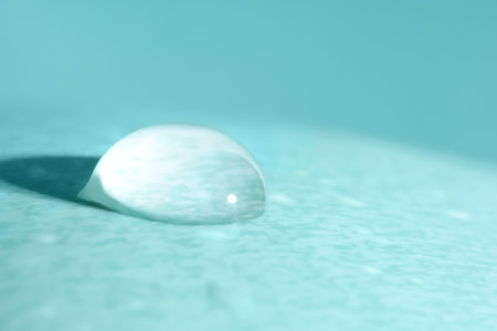 Macro photo of water drop on turquoise backgroundの写真素材