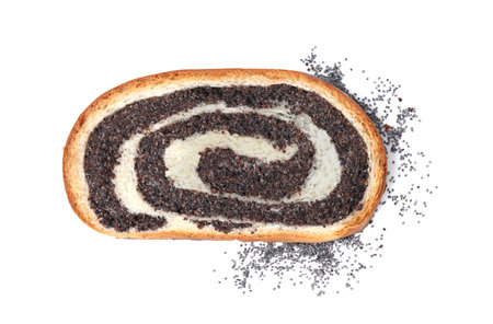 One piece of poppy seed roll isolated on white, top view. Tasty cakeの写真素材