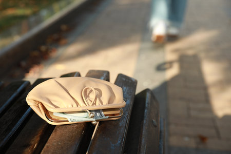 Woman lost her purse on wooden surface outdoors, selective focusの写真素材