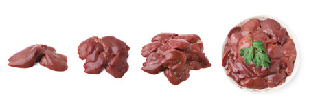 Fresh raw chicken liver isolated on white, collectionの写真素材