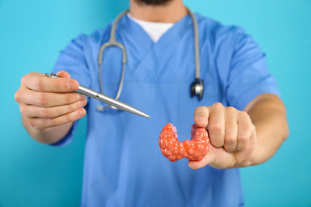 Endocrinologist showing thyroid gland model on light blue background, closeup