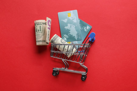 Small metal shopping cart with credit cards and dollar banknotes on red background, flat layの写真素材