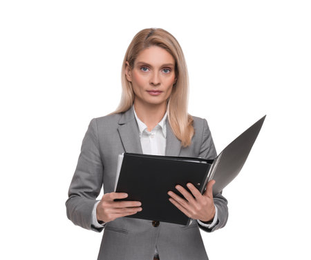 Portrait of beautiful woman with folder on white background. Lawyer, businesswoman, accountant or managerの写真素材