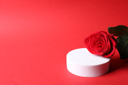 Stylish presentation for product. Round podium and beautiful rose on red background, space for textの写真素材