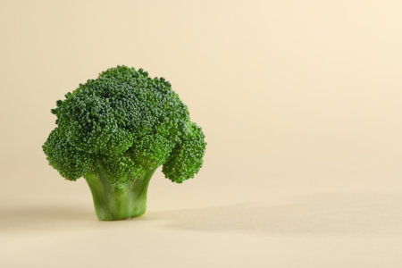 Fresh raw broccoli on beige background, closeup. Space for textの写真素材