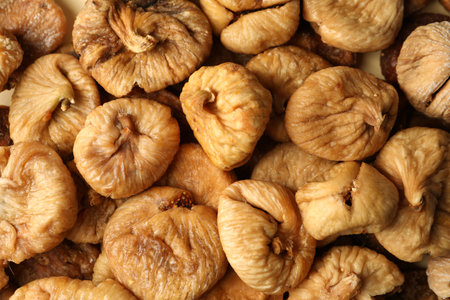 Many tasty dried figs as background, top viewの写真素材