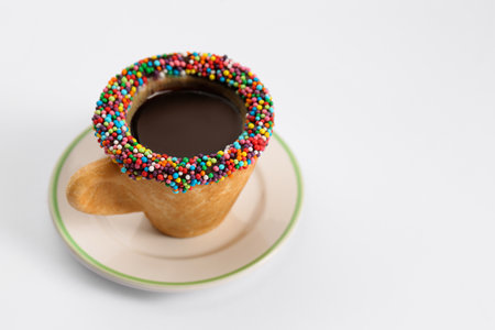 Delicious edible biscuit cup of coffee decorated with sprinkles on white background, space for textの写真素材
