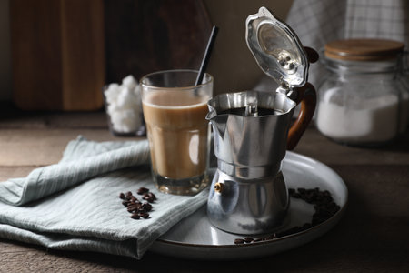 Brewed coffee in moka pot, glass of drink and beans on wooden tableの写真素材