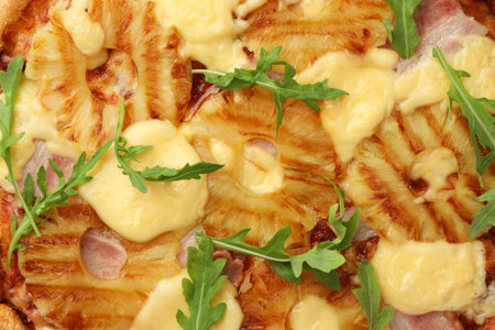 Delicious pineapple pizza as background, top viewの写真素材