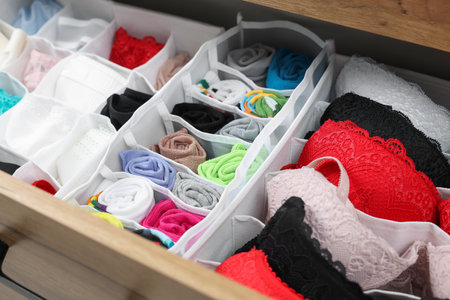 Organizers with beautiful women's underwear in drawer, closeupの写真素材