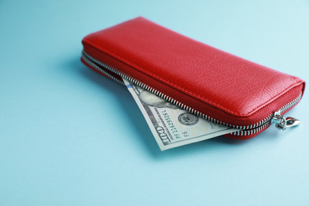 One stylish leather purse with money on light blue background. Space for textの写真素材