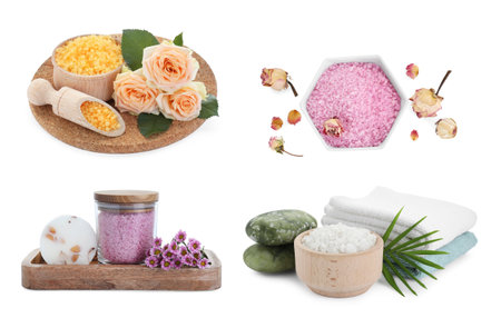 Different sea salt isolated on white, collectionの写真素材