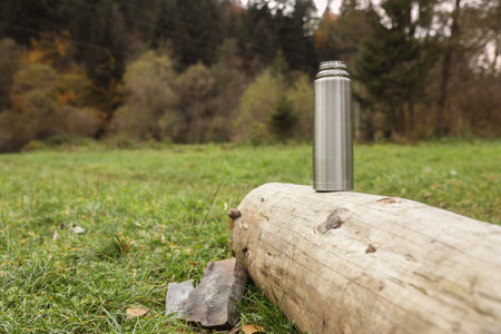 Metallic flask on log outdoors, space for textの写真素材