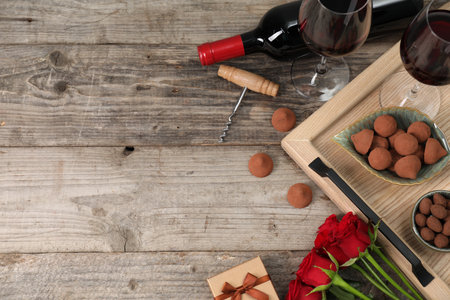 Red wine, chocolate truffles, corkscrew, roses and gift box on wooden table, flat lay. Space for textの写真素材