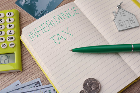 Notepad with phrase Inheritance Tax, house shaped key chain, money and calculator on wooden table,...