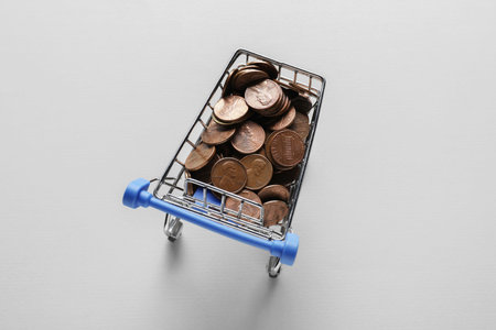 Small metal shopping cart with coins on light background, top viewの写真素材